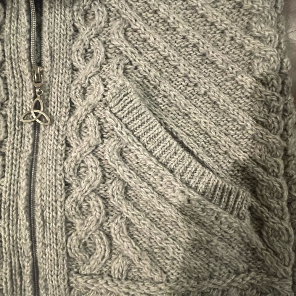 Aran Crafts % Wool Light Gray Cable Hooded Cardigan - Picture 14 of 14